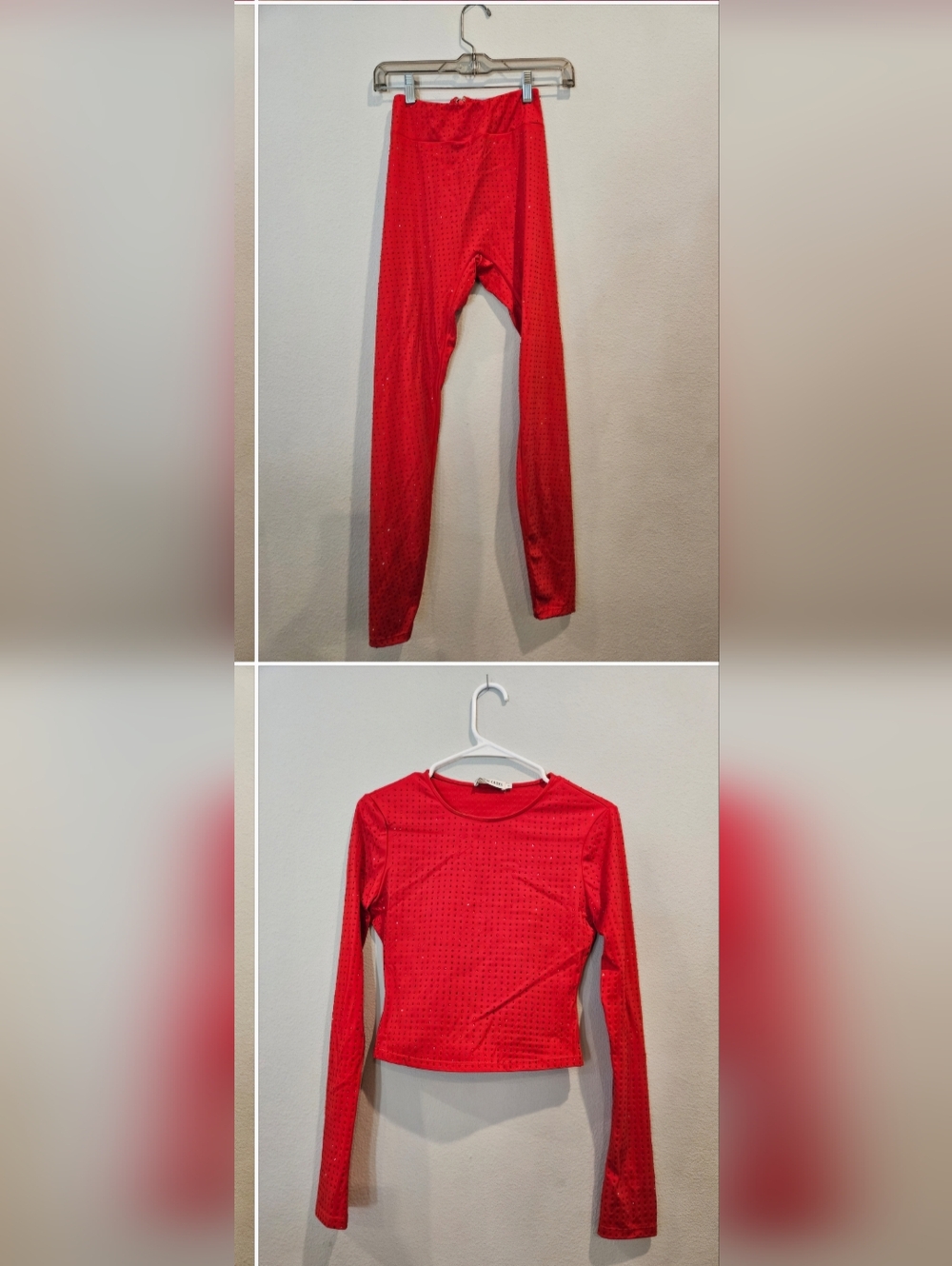SLA The Brand. Red Long Sleeve Rhinestone Crop Top and Legging Set